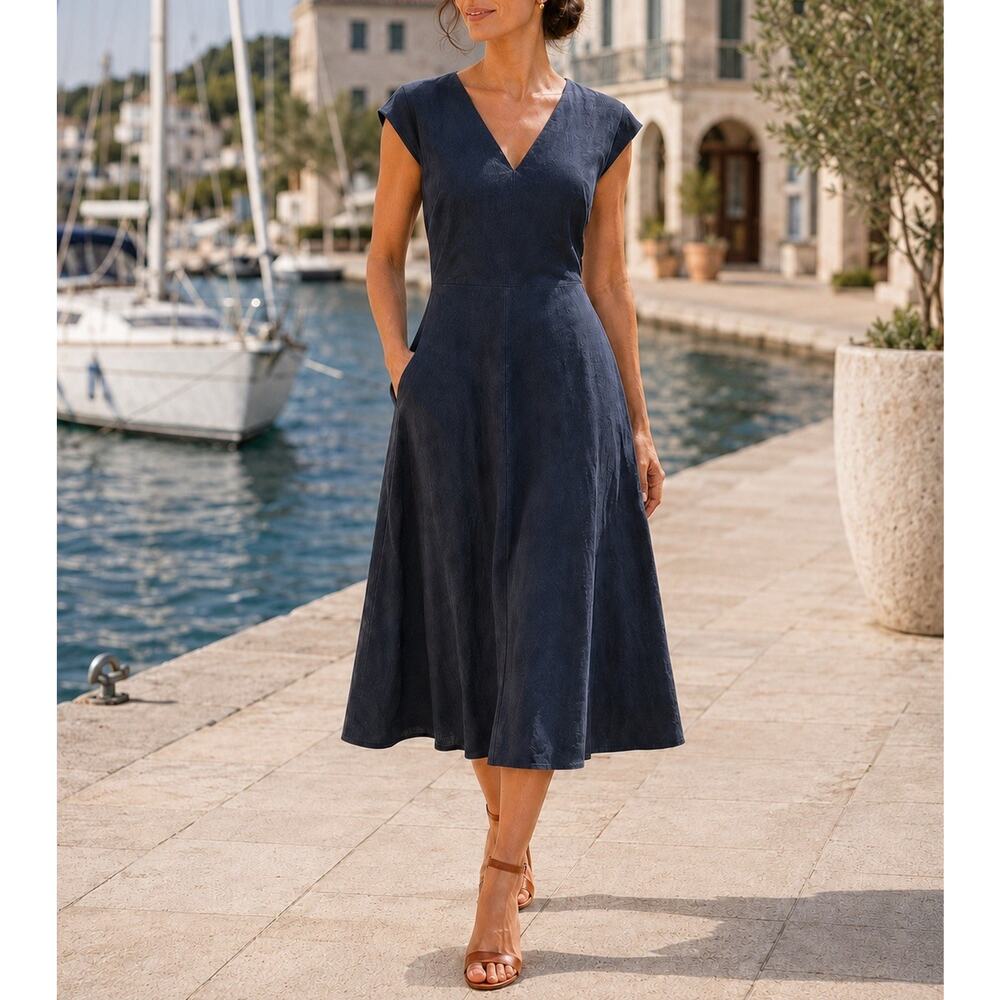 Banana Republic Linen Blend Navy Midi Dress V Neck Tie Back Pockets 2 A-Line